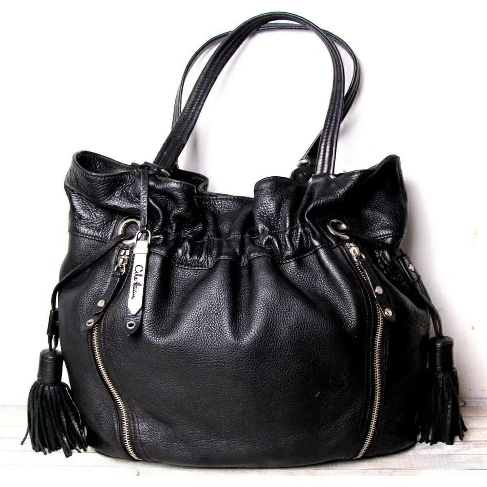 LARGE Cole Haan BLACK GENUINE LEATHER TASSELS TOTE SHOULDER BAG HANDBAG PURSE